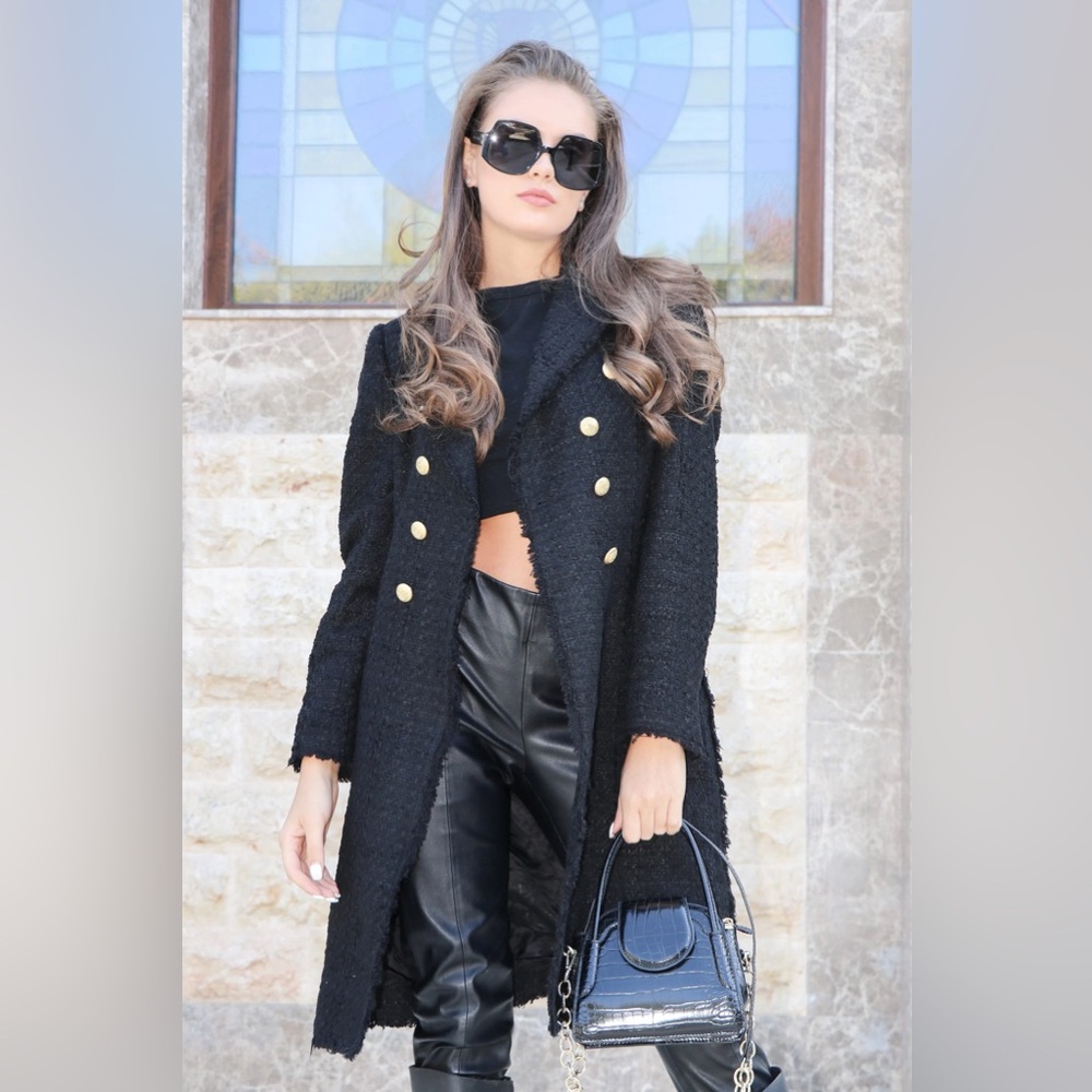 Zara Black Tweed Coat with Gold Button Details size XXL